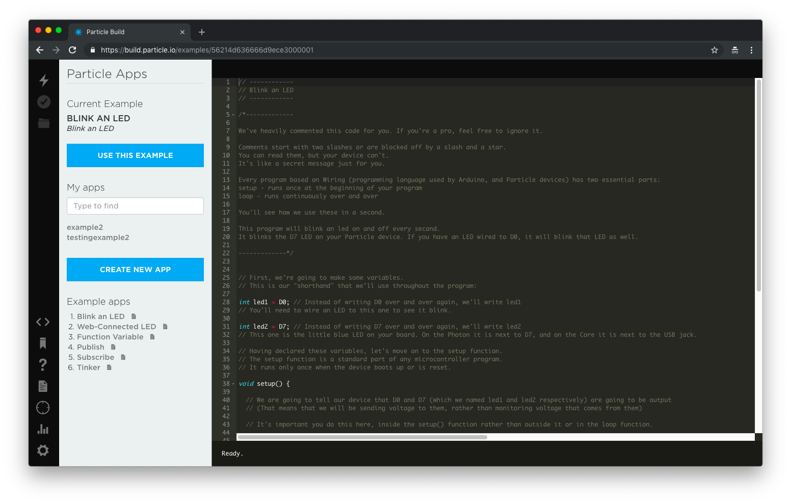 Image of the Web IDE with example code loaded