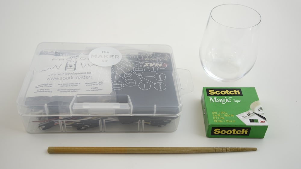 Maker Kit, wine glass, chopstick, and tape