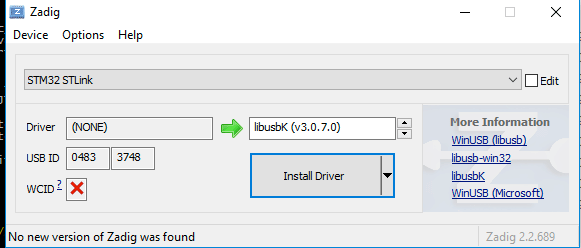 Setting libusbk driver for STM32 STLink device